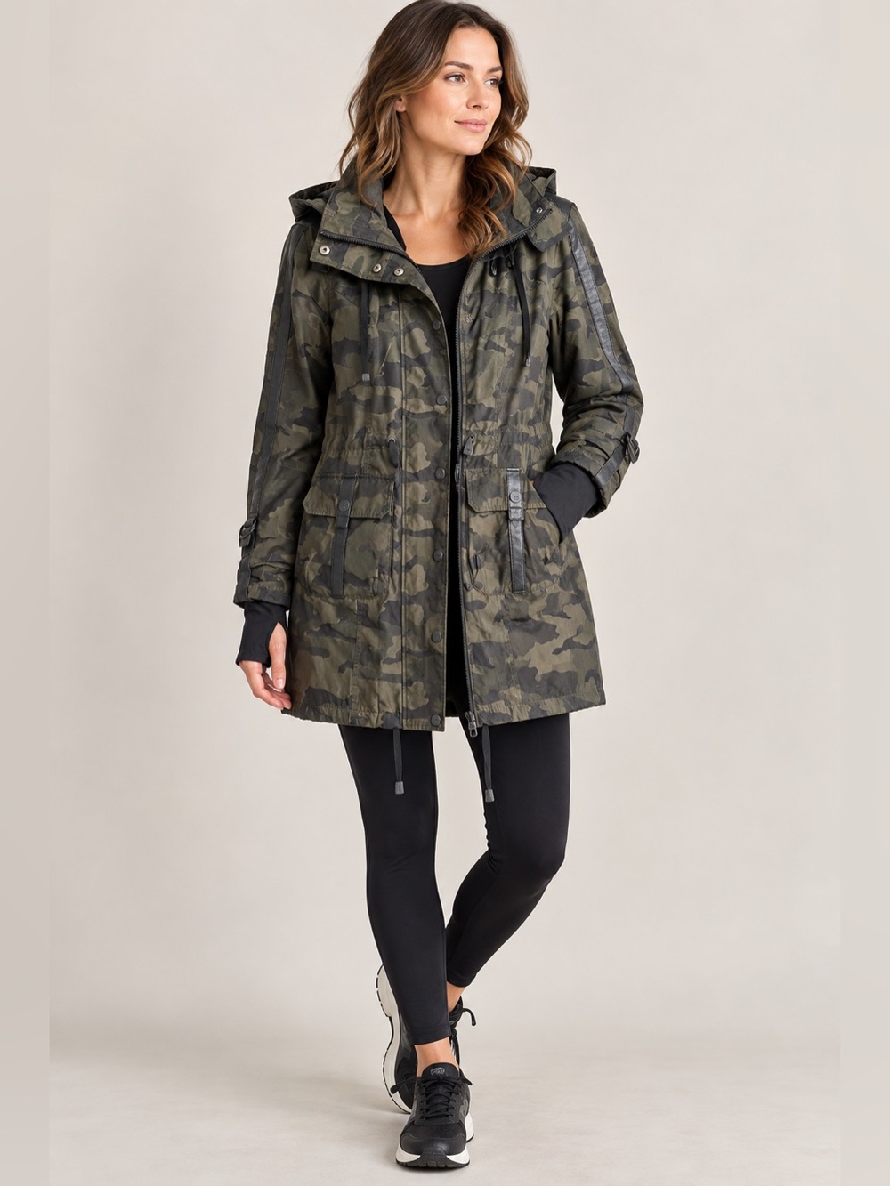 Blanc Noir Camo Hooded Utility Parka Jacket Olive Green Black M